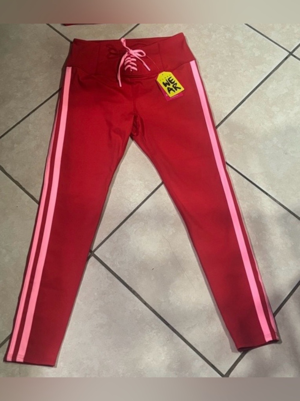 ZUMBA Retro Lace Up Leggings - Red with pink stripes - NWT